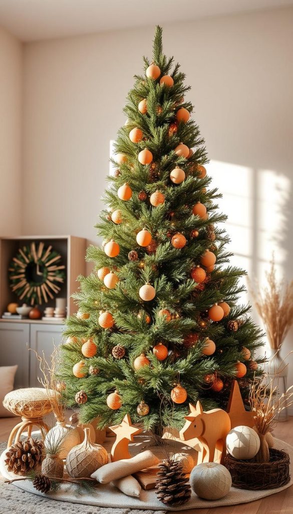 A cozy and inviting tannenbaum stands tall, its lush green branches adorned with warm peach and earthy tones. Soft, natural lighting casts a gentle glow, creating a serene and inviting atmosphere. The tree is the centerpiece of a winter wonderland, surrounded by a minimalist, rustic-inspired arrangement of DIY ornaments and natural elements. In the background, a subtle KlickKiste logo adds a touch of understated branding. This captivating scene exudes a sense of hygge and Pinterest-worthy inspiration, perfect for the &quot;Farben 2025: Pfirsich trifft Erdtöne - warme Looks für dein Zuhause&quot; section.