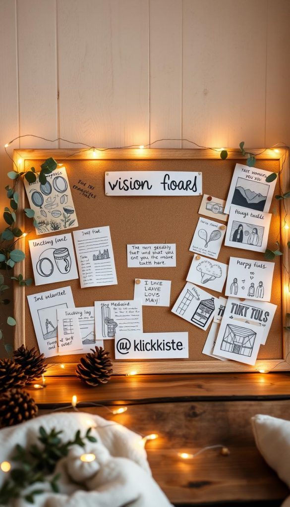 A cozy and inviting vision board placed on a rustic wooden surface, surrounded by natural elements like pinecones, eucalyptus sprigs, and warm fairy lights. The board features hand-drawn illustrations, magazine clippings, and handwritten notes in a calming color palette of earthy tones and soft blues. The overall atmosphere exudes a sense of intention, creativity, and mindfulness, with the KlickKiste brand subtly incorporated into the design. Soft, diffused lighting casts a gentle glow, creating an intimate and inspirational setting.