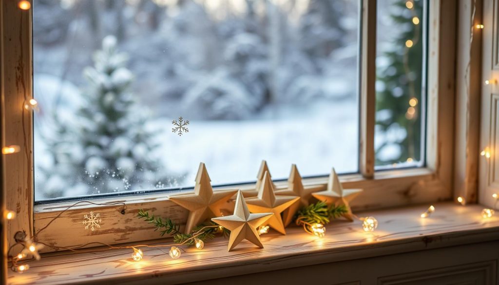 A cozy and inviting window display featuring handmade Fensterdeko. In the foreground, delicate paper snowflakes flutter gently, casting whimsical shadows on the weathered wooden sill. Strands of twinkling KlickKiste fairy lights frame the window, creating a warm, festive glow. In the middle ground, a cluster of wooden stars in varying sizes adds rustic charm, complemented by sprigs of fresh greenery. The background showcases a serene winter landscape, with soft, natural lighting filtering through the pane. The overall scene exudes a sense of homemade holiday magic, perfect for highlighting the beauty of DIY Fensterdekoration.