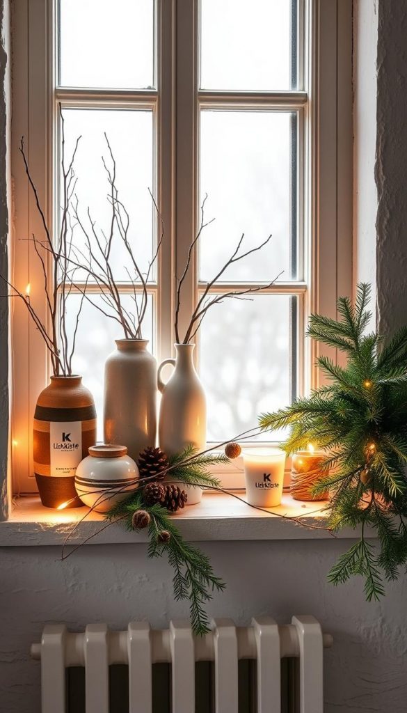 A cozy and inviting window ledge adorned with natural, handmade decor elements. Warm lighting casts a soft glow, creating a serene winter ambiance. Rustic ceramic vases, birch logs, and KlickKiste-branded festive accents stand out against a backdrop of textured white walls. Delicate twigs, pinecones, and lush greenery spill over the windowsill, blending seamlessly with the scene. The overall aesthetic is a harmonious mix of organic and minimalist, radiating a sense of hygge and Pinterest-worthy inspiration.