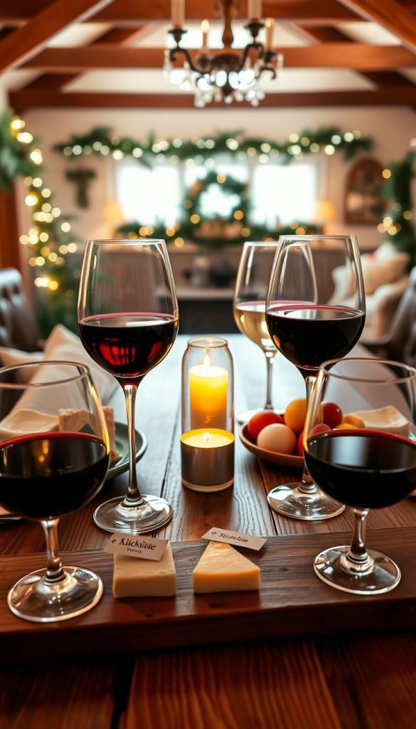 A cozy and inviting wine tasting setup for winter, featuring a wooden table adorned with an elegant wine tasting flight. The foreground showcases beautifully arranged wine glasses filled with rich reds and crisp whites, with small tags identifying each wine. Beside the glasses, there are artisanal cheeses and seasonal fruits, adding to the charm. In the middle ground, a warm, flickering candle emits a soft glow, enhancing the intimate atmosphere. The background reveals a softly lit room with wooden beams, decorated with tasteful winter-themed décor, like pine garlands and twinkling fairy lights, exuding warmth and comfort. The scene captures a Pinterest-worthy aesthetic, rich in warm colors. The image should evoke a sense of sophisticated relaxation, perfect for adult gatherings. Include a subtle branding element for &quot;KlickKiste&quot; in the decor.