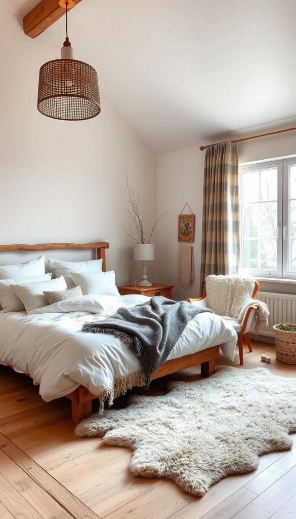 A cozy and inviting winter bedroom, awash in soft, warm tones and natural textures. A plush, oversized bed with fluffy down comforters and pillows, accented by rustic wooden nightstands and a handcrafted pendant light overhead. In the corner, a faux fur rug and a cozy armchair invite relaxation, while a large window allows natural light to filter in, illuminating the space. Layers of textiles, from a knitted throw to patterned curtains, create a sense of coziness and comfort. The overall atmosphere is one of hygge, with a touch of Scandinavian simplicity and a hint of DIY charm. A cozy and inviting winter bedroom, awash in soft, warm tones and natural textures. A plush, oversized bed with fluffy down comforters and pillows, accented by rustic wooden nightstands and a handcrafted pendant light overhead. In the corner, a faux fur rug and a cozy armchair invite relaxation, while a large window allows natural light to filter in, illuminating the space. Layers of textiles, from a knitted throw to patterned curtains, create a sense of coziness and comfort. The overall atmosphere is one of hygge, with a touch of Scandinavian simplicity and a hint of DIY charm.