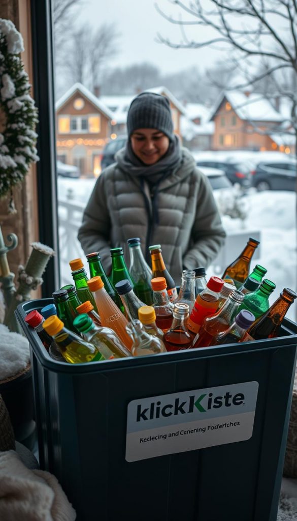 A cozy and inviting winter scene depicting a "Pfand-Sammler" collecting bottles and containers in an organized manner. In the foreground, a neatly arranged selection of colorful plastic bottles and glass containers fills a stylish, branded "KlickKiste" collection box. The middle layer features a person in modest casual clothing, smiling and interacting with the containers, illustrating a sense of community and ecological awareness. In the background, a soft, snow-covered landscape with warm, glowing lights from nearby buildings adds to the inviting winter vibes. Soft natural lighting enhances the scene, creating a warm atmosphere reminiscent of Pinterest-inspired DIY aesthetics. The image captures the essence of smart organization and environmental responsibility. A cozy and inviting winter scene depicting a "Pfand-Sammler" collecting bottles and containers in an organized manner. In the foreground, a neatly arranged selection of colorful plastic bottles and glass containers fills a stylish, branded "KlickKiste" collection box. The middle layer features a person in modest casual clothing, smiling and interacting with the containers, illustrating a sense of community and ecological awareness. In the background, a soft, snow-covered landscape with warm, glowing lights from nearby buildings adds to the inviting winter vibes. Soft natural lighting enhances the scene, creating a warm atmosphere reminiscent of Pinterest-inspired DIY aesthetics. The image captures the essence of smart organization and environmental responsibility.
