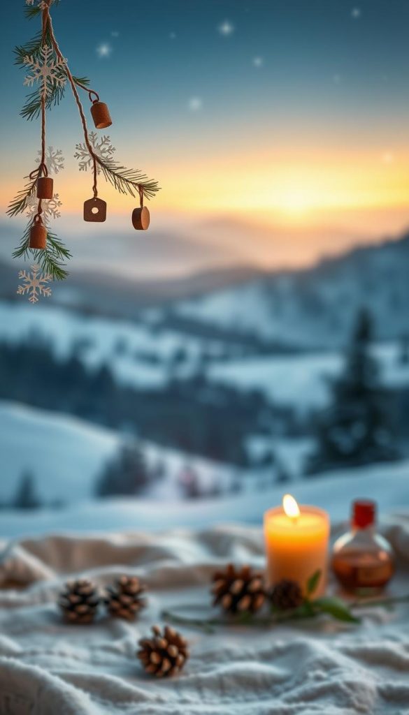 A cozy and inviting winter scene, featuring a charming DIY craft project from the "KlickKiste" brand. In the foreground, a handmade paper garland adorned with delicate snowflakes, pine sprigs, and tiny wooden ornaments hangs gracefully. In the middle ground, a set of festive candles, pine cones, and a sprig of holly add warmth and texture. The background showcases a soft, hazy landscape of snowy hills and a starry night sky, bathed in a golden glow from the setting sun. The overall mood is one of natural, rustic simplicity, perfect for a DIY-inspired children's bedroom or holiday nook. A cozy and inviting winter scene, featuring a charming DIY craft project from the "KlickKiste" brand. In the foreground, a handmade paper garland adorned with delicate snowflakes, pine sprigs, and tiny wooden ornaments hangs gracefully. In the middle ground, a set of festive candles, pine cones, and a sprig of holly add warmth and texture. The background showcases a soft, hazy landscape of snowy hills and a starry night sky, bathed in a golden glow from the setting sun. The overall mood is one of natural, rustic simplicity, perfect for a DIY-inspired children's bedroom or holiday nook.