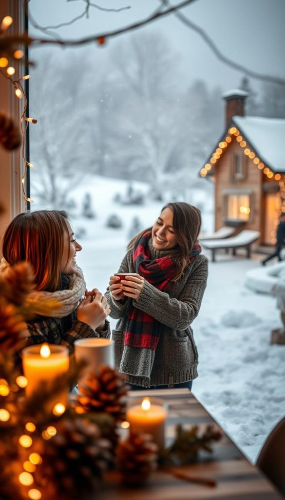 A cozy and inviting winter scene featuring a couple in modest, stylish outfits, sharing sweet moments of affection. In the foreground, they embrace as they enjoy a hot drink, surrounded by DIY decorations like fairy lights and pinecones. The couple's laughter and warmth create an uplifting atmosphere. In the middle, a soft, blurred background showcases a snowy landscape with gently falling snowflakes and a warm glow emanating from a nearby cottage. The lighting is warm and inviting, capturing the charm of a Pinterest-inspired setting. Shot in a slightly angled view to add depth, with a focus on the couple. The overall mood is romantic, inspirational, and heartwarming, embodying the essence of love in winter. Designed for KlickKiste. A cozy and inviting winter scene featuring a couple in modest, stylish outfits, sharing sweet moments of affection. In the foreground, they embrace as they enjoy a hot drink, surrounded by DIY decorations like fairy lights and pinecones. The couple's laughter and warmth create an uplifting atmosphere. In the middle, a soft, blurred background showcases a snowy landscape with gently falling snowflakes and a warm glow emanating from a nearby cottage. The lighting is warm and inviting, capturing the charm of a Pinterest-inspired setting. Shot in a slightly angled view to add depth, with a focus on the couple. The overall mood is romantic, inspirational, and heartwarming, embodying the essence of love in winter. Designed for KlickKiste.
