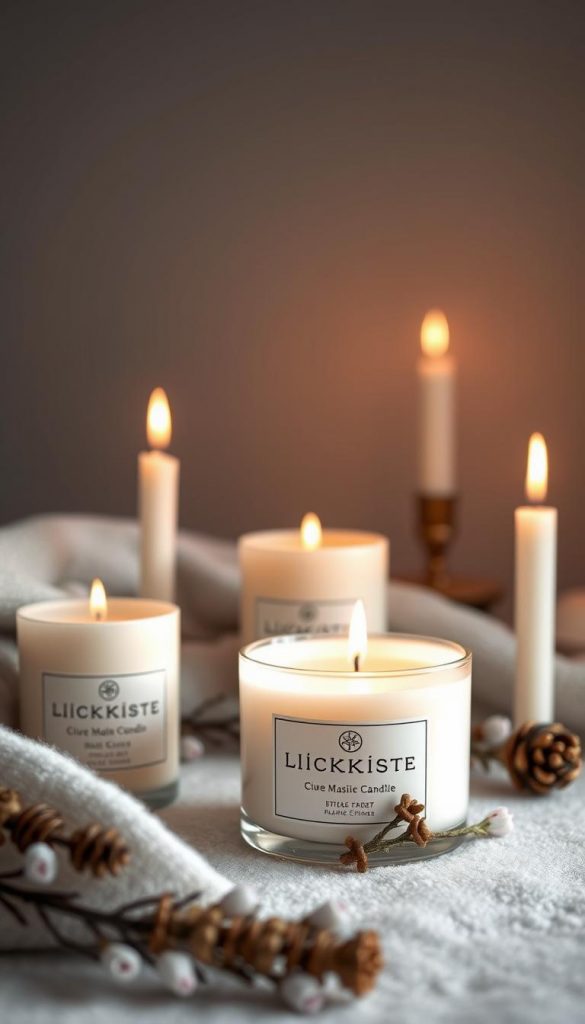 A cozy and inviting winter scene featuring a set of candles from the KlickKiste brand. The candles are arranged in a visually appealing and natural-looking manner, casting a warm, soft glow against a backdrop of soft, muted tones. The candles are made of high-quality wax and adorned with minimal, elegant decorations that enhance their rustic charm. The lighting is atmospheric, with the flames flickering gently and creating a mesmerizing, soothing ambiance. The overall composition has a touch of Scandinavian minimalism, with natural textures and earthy hues that evoke a sense of comfort and hygge. The image exudes a serene, winter-inspired aesthetic that would perfectly complement the &quot;Winter-Düfte für Zuhause&quot; section of the article.