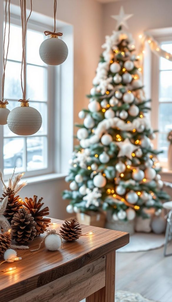 A cozy and inviting winter scene featuring white Christmas decorations, ideal for DIY enthusiasts. In the foreground, elegant handmade ornaments hang from a rustic wooden table adorned with natural pinecones and twinkling fairy lights. In the middle, a beautiful white garland made of faux snowflakes and cotton balls drapes gracefully over a stylishly decorated tree, with soft white and silver baubles. The background showcases a warm, softly lit room with large windows revealing a gentle snowfall outside. Capture the essence of a peaceful winter atmosphere, highlighted by warm lighting that creates an inviting ambiance. This image should reflect a Pinterest-worthy DIY aesthetic representative of "KlickKiste," emphasizing natural elements and a serene vibe.
