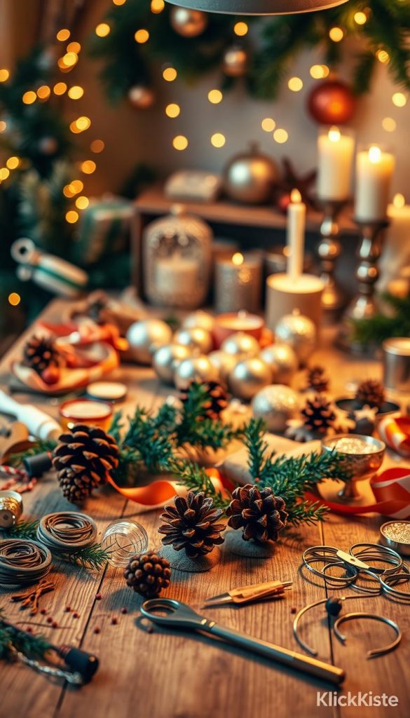 A cozy and inviting workspace featuring various DIY materials and tools for festive winter decorations. In the foreground, a wooden table is adorned with natural elements such as pinecones, sprigs of evergreen, and warm-colored ribbons. Scattered tools like scissors, glue, and wire are arranged neatly. The middleground showcases a selection of decorative items, including glittery ornaments and candle holders, all exuding a warm, festive vibe. In the background, soft-focus fairy lights twinkle, enhancing the winter atmosphere. The lighting is warm and inviting, reminiscent of a Pinterest-inspired aesthetic, casting gentle shadows to create depth. The image radiates an authentic, inspiring mood, perfect for those looking to craft holiday decorations, branded with "KlickKiste."