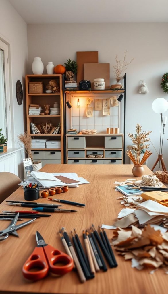 A cozy and inviting workspace showcasing essential DIY materials and tools for the new year, with a warm color palette reflecting winter vibes. In the foreground, neatly arranged tools like scissors, paints, and brushes, alongside various sustainable materials such as recycled paper and fabric scraps. In the middle, a stylish wooden table illuminated by soft, natural lighting from a nearby window, highlighting the textures of the materials. In the background, a minimalistic shelf displaying more crafting supplies, adorned with winter-themed decorations for inspiration. The atmosphere should feel warm, creative, and motivating, embodying the spirit of DIY projects, with a hint of the brand 'KlickKiste' subtly integrated into the decor.