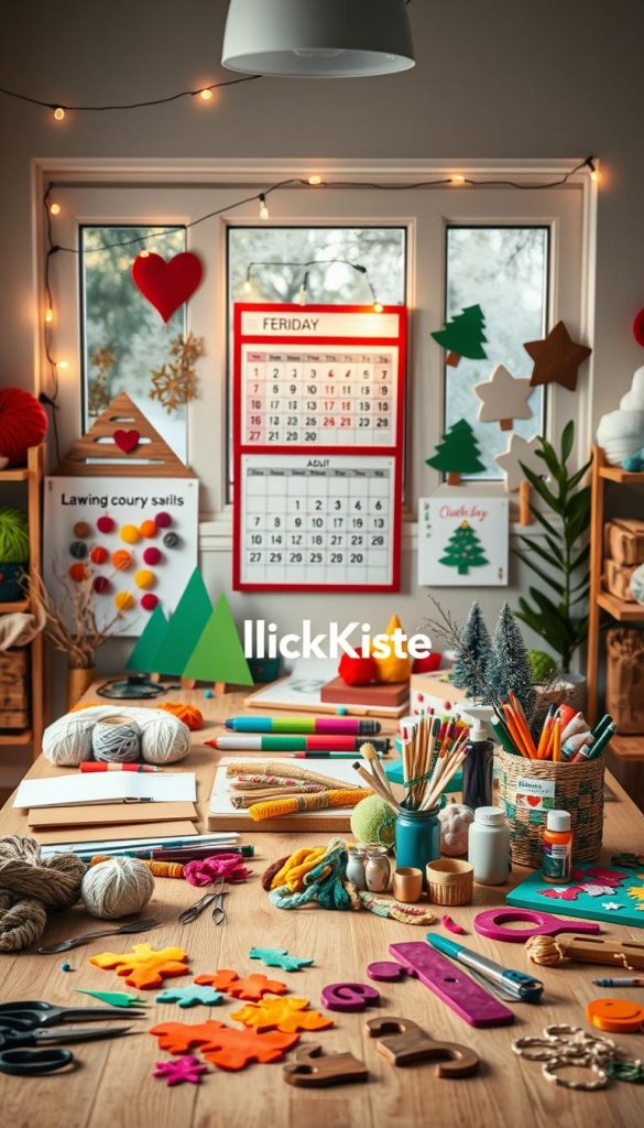 A cozy and inviting workspace showcasing seasonal DIY projects for the new year, featuring an array of colorful materials like yarn, wood, and paint. In the foreground, a well-organized table adorned with craft supplies, including scissors, glue, and vibrant felt cutouts. In the middle, eye-catching finished projects like a handcrafted wall calendar, nature-inspired wall art, and upcycled decorations, all reflecting a warm winter vibe. The background includes softly glowing string lights and a window with frost patterns, enhancing the atmosphere. Natural light filters through, creating a serene and inspiring mood typical of a Pinterest aesthetic. The scene is professional yet inviting, embodying the creative spirit of DIY crafting. Incorporate the brand name "KlickKiste" subtly within the scene, ensuring it feels integrated and organic.