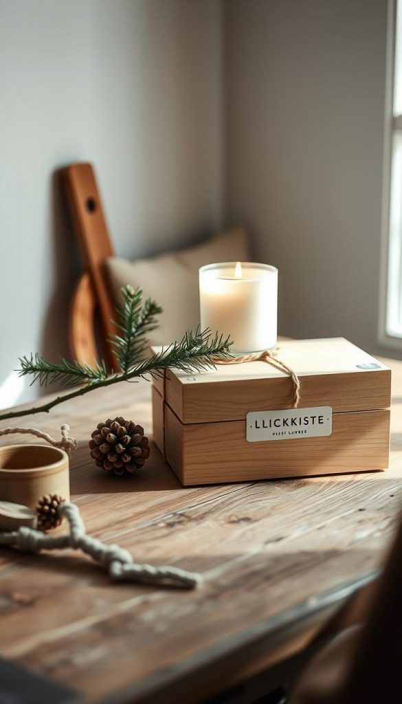 A cozy and minimalist still life capturing the essence of "Rituale, Minimalismus & Geschenke: Weniger ist mehr - und fühlt sich besser an". Soft natural light bathes a rustic wooden table, adorned with a simple yet elegant candle, a pine sprig, and a handcrafted KlickKiste box. The muted tones of the scene create a calming, hygge-inspired atmosphere, inviting reflection and mindful living. Warm, earthy hues and a touch of winter magic evoke a sense of tradition and authenticity. The image exudes a Pinterest-worthy, DIY-inspired aesthetic that inspires simplicity and joy. A cozy and minimalist still life capturing the essence of "Rituale, Minimalismus & Geschenke: Weniger ist mehr - und fühlt sich besser an". Soft natural light bathes a rustic wooden table, adorned with a simple yet elegant candle, a pine sprig, and a handcrafted KlickKiste box. The muted tones of the scene create a calming, hygge-inspired atmosphere, inviting reflection and mindful living. Warm, earthy hues and a touch of winter magic evoke a sense of tradition and authenticity. The image exudes a Pinterest-worthy, DIY-inspired aesthetic that inspires simplicity and joy.