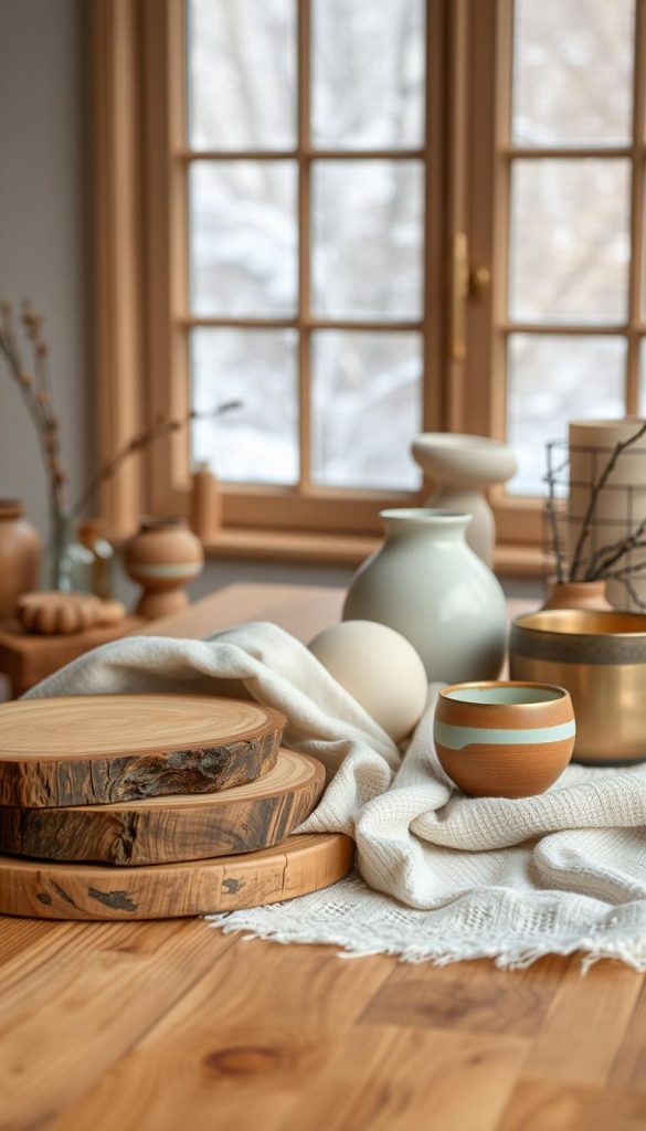 A cozy and minimalist winter decor scene featuring natural materials. In the foreground, a beautifully crafted wooden table displays an arrangement of various wooden textures, from rich oak to light birch, complemented by subtly woven linen fabrics in soft, neutral tones. In the middle ground, incorporate artisanal ceramic pieces, showcasing their unique glazes, alongside sleek metallic accents that add a modern touch. The background features a softly lit winter window, with gentle snowfall visible, enhancing the calm and serene atmosphere. Utilize warm lighting to create an inviting feel, and capture the scene with a shallow depth of field to focus on the textures. Emphasize the aesthetic quality of the materials, encapsulating a Pinterest-inspired, authentic winter vibe. Brand name: KlickKiste. A cozy and minimalist winter decor scene featuring natural materials. In the foreground, a beautifully crafted wooden table displays an arrangement of various wooden textures, from rich oak to light birch, complemented by subtly woven linen fabrics in soft, neutral tones. In the middle ground, incorporate artisanal ceramic pieces, showcasing their unique glazes, alongside sleek metallic accents that add a modern touch. The background features a softly lit winter window, with gentle snowfall visible, enhancing the calm and serene atmosphere. Utilize warm lighting to create an inviting feel, and capture the scene with a shallow depth of field to focus on the textures. Emphasize the aesthetic quality of the materials, encapsulating a Pinterest-inspired, authentic winter vibe. Brand name: KlickKiste.