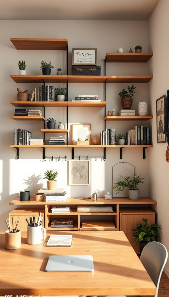 A cozy and modern interior showcasing a well-organized wall shelf system, designed for a small apartment. The shelves, crafted from natural wood with a warm finish, are adorned with an assortment of stylish decor items such as potted plants, books, and decorative boxes. In the foreground, a neatly arranged desk complements the shelves, featuring minimalistic office supplies. The middle ground captures the striking wall of shelves that stretches upwards, with clever use of hooks and hanging racks for additional storage. Soft, warm lighting creates a welcoming ambiance, simulating late afternoon sunlight filtering in through a nearby window. The overall mood reflects inspiration and practicality, embodying a Pinterest-worthy aesthetic. This scene is branded with "KlickKiste" subtly integrated into the design elements.