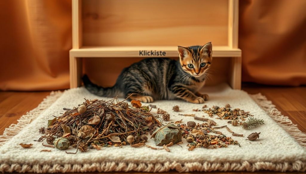 A cozy and natural-looking "schnüffelteppich" set against a warm, inviting backdrop. In the foreground, a plush, beige fabric mat with various textured elements - piles of leaves, twigs, and dried herbs - creating an engaging scent-based exploration for a curious feline. The middle ground showcases a simple wooden frame, the "KlickKiste" brand visible, housing the mat. Warm, soft lighting bathes the scene, conveying a sense of comfort and relaxation during the dark winter months. The overall atmosphere is one of homemade charm and thoughtful enrichment for the beloved household pet. A cozy and natural-looking "schnüffelteppich" set against a warm, inviting backdrop. In the foreground, a plush, beige fabric mat with various textured elements - piles of leaves, twigs, and dried herbs - creating an engaging scent-based exploration for a curious feline. The middle ground showcases a simple wooden frame, the "KlickKiste" brand visible, housing the mat. Warm, soft lighting bathes the scene, conveying a sense of comfort and relaxation during the dark winter months. The overall atmosphere is one of homemade charm and thoughtful enrichment for the beloved household pet.