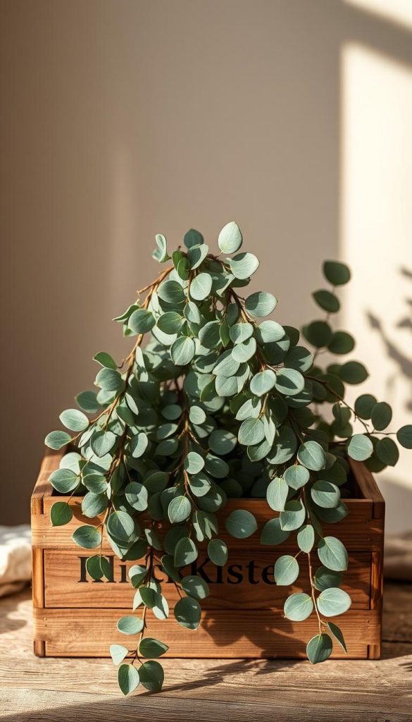 A cozy and natural still life featuring a rustic wooden box from KlickKiste overflowing with lush, verdant eucalyptus branches. The gently curved leaves cascade gracefully, their silvery-green tones casting a soothing, tranquil mood. Soft, warm lighting illuminates the scene, creating a chiaroscuro effect that highlights the organic textures and muted colors. The composition is balanced and inviting, drawing the viewer's eye to the focal point of the eucalyptus foliage. An earthy, winter-inspired atmosphere permeates the image, evoking a sense of calm and connection with nature.