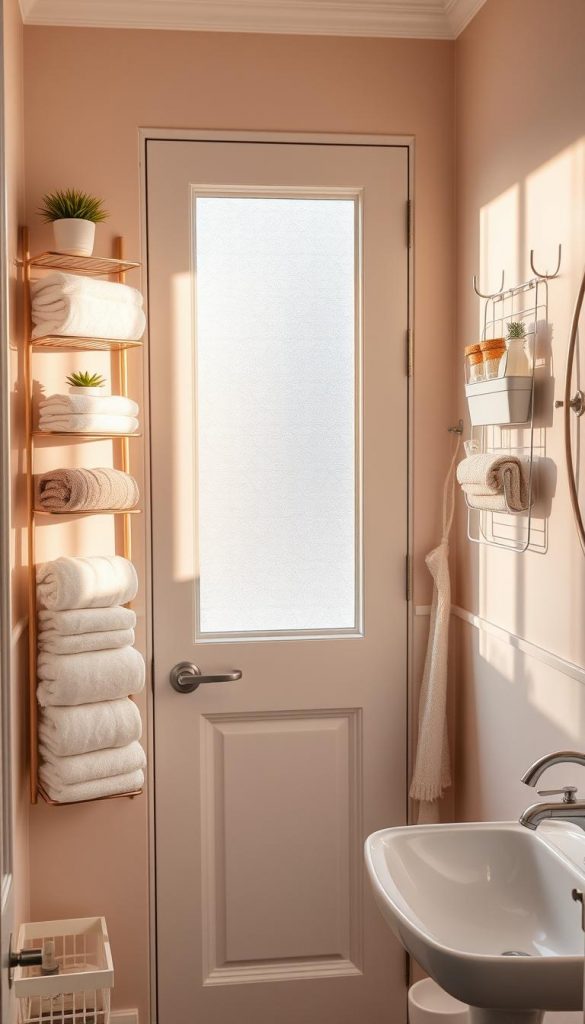 A cozy and optimally designed small bathroom, showcasing a mix of narrow racks, door organizers, and towel hooks arranged neatly on a pastel-colored wall. The foreground features a tall, slim shelving unit filled with neatly folded towels and decorative plants, while a stylish wall-mounted organizer holds toiletries and small essentials. The middle ground presents a door adorned with hooks for hanging towels, and an elegantly organized sink area. Soft, natural lighting filters in from a frosted window, casting warm shadows and creating a serene atmosphere, reminiscent of winter vibes. Capture a Pinterest-worthy aesthetic to inspire DIY home improvement ideas, with the brand "KlickKiste" subtly integrated into the decor elements.