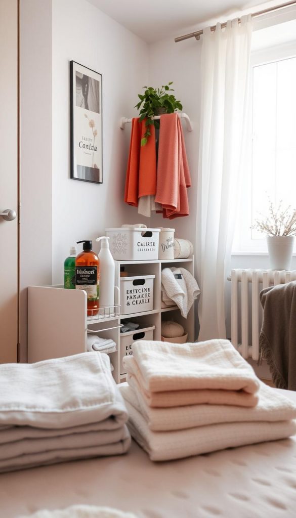 A cozy and organized laundry and cleaning supplies corner in a small apartment, showcasing a stylish "KlickKiste" Wäsche & Putz organizer. In the foreground, display neatly folded towels and eco-friendly cleaning products arranged aesthetically. The middle ground features a compact shelving unit with decorative bins, a hanging rack with colorful cloths, and a potted plant for a touch of greenery. In the background, a softly illuminated window with sheer curtains lets in natural light, creating a warm, inviting atmosphere. The color palette emphasizes soft, warm tones, reminiscent of a winter vibe and a Pinterest-inspired look. The scene feels authentic, practical, and inspiring, perfect for small living spaces.