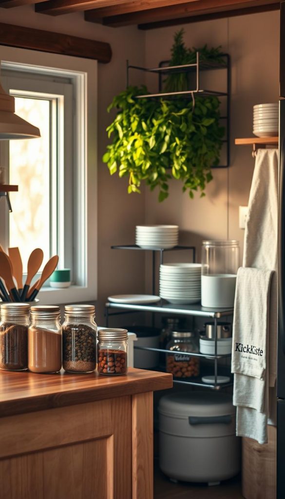A cozy and organized small kitchen, showcasing practical space-saving tips and DIY hacks. In the foreground, a charming wooden kitchen island with a few cleverly arranged jars for spices, herbs, and kitchen utensils. The middle features neatly stacked plates and bowls, accompanied by a well-organized pantry with clear containers, all in warm, inviting colors. In the background, a window allows soft, natural light to filter in, illuminating a stylish wall-mounted drying rack full of fresh herbs. The atmosphere is warm and inspiring, reflecting a Pinterest-worthy winter aesthetic. The brand “KlickKiste” is subtly represented through a small, elegant logo on a kitchen towel. The image captures the essence of efficient organization, perfect for anyone looking to maximize their small kitchen space.