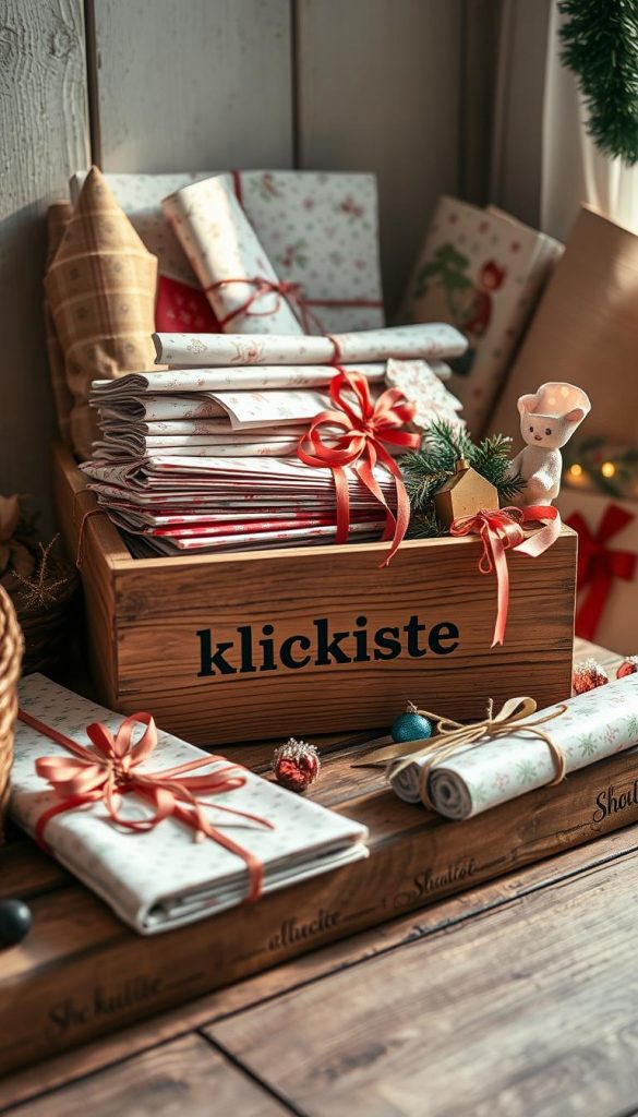 A cozy and organized storage solution for gift wrap and accessories. A wooden crate or box labeled &quot;KlickKiste&quot; sits atop a rustic wood surface, surrounded by neatly folded sheets of decorative paper, tied ribbons, and festive embellishments. Warm, natural lighting casts a soft glow, creating a serene, winter-inspired atmosphere. The overall composition has a handcrafted, Pinterest-worthy aesthetic, inviting the viewer to explore the clever storage system and find inspiration for their own gift-wrapping needs.