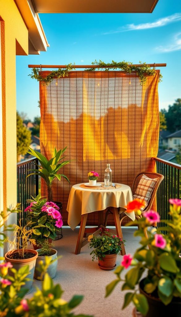 A cozy and private balcony scene designed for spring, featuring a stylish Sichtschutz (privacy screen) made of natural materials like bamboo and fabric, creating an inviting atmosphere. In the foreground, there are lush potted plants with vibrant flowers and a small, decorative table set for two, adorned with a warm, inviting tablecloth. The middle ground showcases the Sichtschutz, adorned with fairy lights and soft greenery, enhancing the intimate feel. In the background, a soft-focus view of neighborhood greenery under a clear blue sky captures the essence of outdoor living. The lighting is warm and soft, mimicking sunset, creating a tranquil mood. The image evokes inspiration and authenticity, aligned with the aesthetic of KlickKiste, with natural DIY elements in a Pinterest-worthy style.