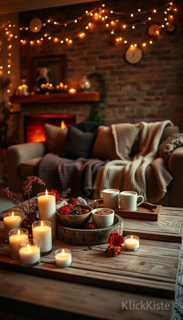 A cozy and romantic spa date night setup in a softly lit living room, capturing the essence of winter wellness. In the foreground, a beautifully arranged low coffee table adorned with flickering candles, a fragrant bowl of essential oils, and fresh flowers. On one side, a rustic wooden tray holds two steaming cups of herbal tea. In the middle, a plush sofa draped with a warm knitted throw, inviting couples to snuggle. The background features a softly glowing fireplace, casting a warm ambiance and gentle shadows. Ambient fairy lights twinkle above, enhancing the dreamy atmosphere. The overall color palette includes warm tones of gold, deep red, and soft whites, reflecting a Pinterest-inspired aesthetic. The composition emphasizes a serene and intimate vibe for a relaxing evening at home, branded with &ldquo;KlickKiste&rdquo; to evoke authenticity and inspiration.