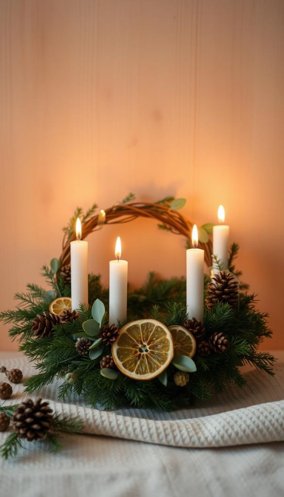 A cozy and rustic Advent wreath set against a warm, natural backdrop. The wreath is made of fresh greenery like pine, fir, and eucalyptus, accented with pinecones, dried citrus slices, and a touch of gold. Gentle lighting from above casts a soft, ambient glow, creating a serene, inviting atmosphere. The overall composition has a handcrafted, artisanal feel, reflecting a modern, Scandinavian-inspired aesthetic. Subtle shadows add depth and dimension, while the focus remains on the simple beauty of the materials. This image evokes a sense of hygge and captures the essence of a DIY, Pinterest-worthy Advent wreath.