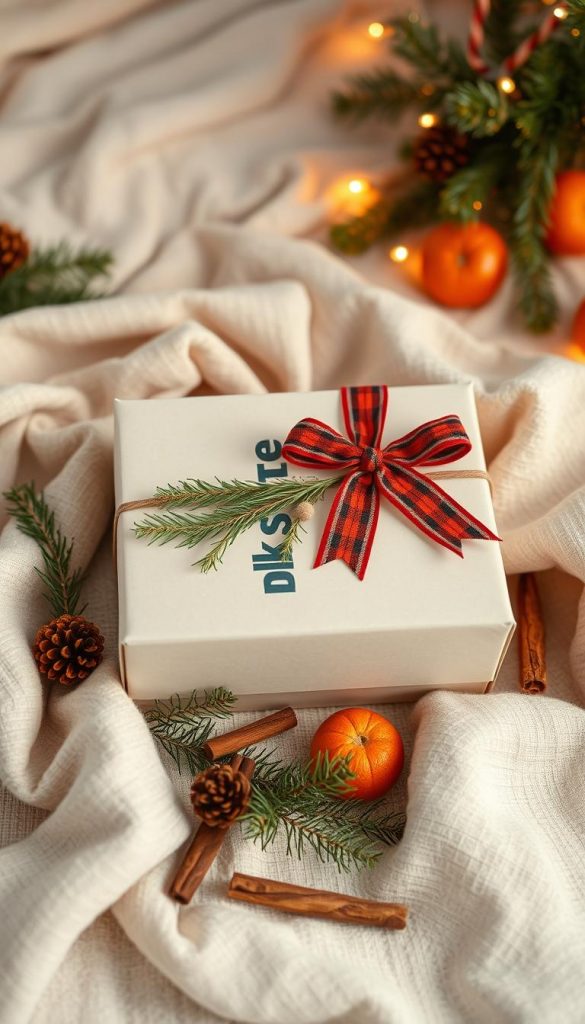A cozy and rustic Christmas gift wrap scene with a KlickKiste box, soft fabric textures, and festive accents. Warm lighting illuminates the arrangement of natural elements like pine branches, dried oranges, and cinnamon sticks. Neutral tones of beige, cream, and green create a calming, hygge atmosphere, accented by pops of red from a plaid ribbon. The composition features a clean, minimalist style with a focus on the gift's presentation, evoking a Pinterest-worthy winter wonderland aesthetic.