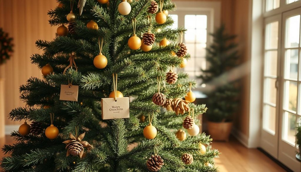 A cozy and rustic Christmas tree, its branches adorned with handmade ornaments crafted from natural materials - pinecones, dried citrus, and recycled KlickKiste boxes. The tree stands in a warm, softly lit room, the wooden floors and earthy tones creating a sense of tranquility. Gentle rays of sunlight filter through large windows, casting a gentle glow on the scene. The overall atmosphere evokes a commitment to sustainable, mindful holiday traditions, inviting the viewer to consider more eco-friendly ways to celebrate the season.