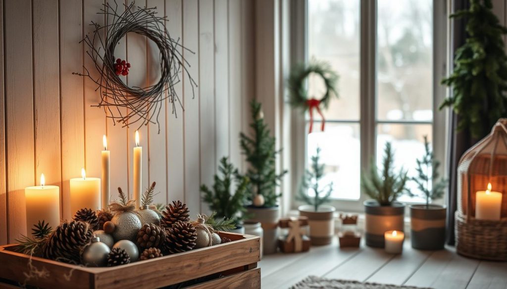 A cozy and rustic Christmas vignette, showcasing the natural beauty of "KlickKiste" DIY decorations. Soft lighting from a mix of candles and ambient sunlight casts a warm, soothing glow over the scene. In the foreground, a wooden crate displays an assortment of handmade ornaments, pinecones, and dried botanicals. In the middle ground, a simple wreath of twigs and berries hangs on a whitewashed wall, complemented by a handful of potted evergreen plants. The background features a view through a window, revealing a snowy outdoor landscape in muted, earthy tones. The overall mood is one of understated elegance and tranquil holiday charm.