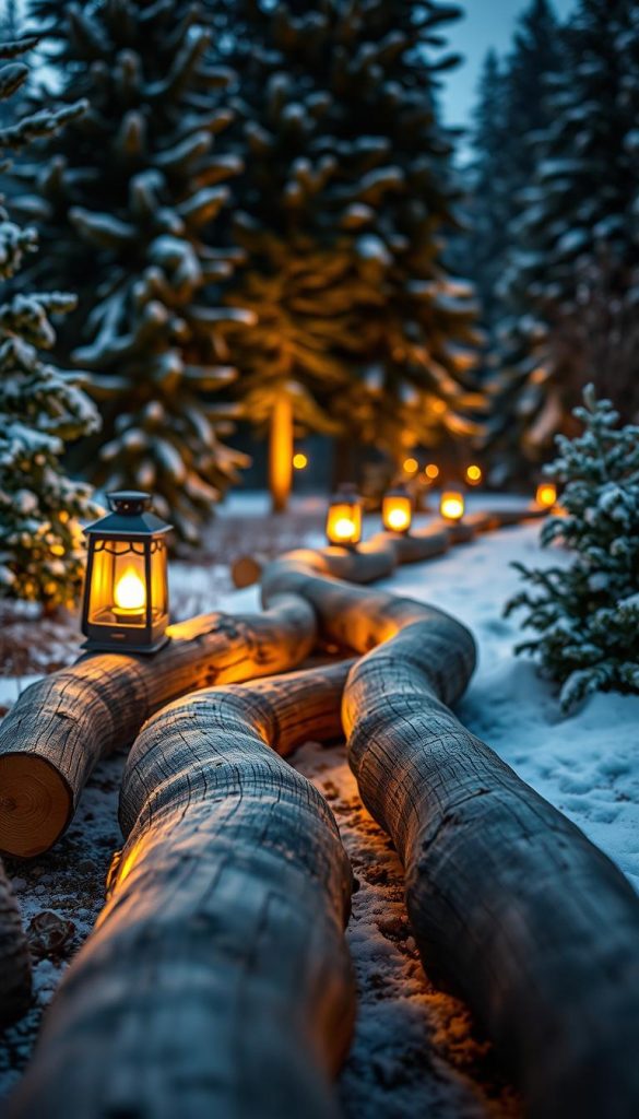 A cozy and rustic DIY scene showcasing a homemade &quot;Pfad Stableuchte&quot; (path lighting) by KlickKiste. In the foreground, a winding path of wooden logs is illuminated by a series of warm, glowing lanterns, casting a soft, inviting light. The middle ground features a backdrop of lush, snowy pine trees, evoking a serene winter wonderland atmosphere. Ambient lighting from the lanterns creates a harmonious, Pinterest-inspired mood. The overall composition conveys a sense of natural, handcrafted charm, perfect for a cozy DIY project feature.