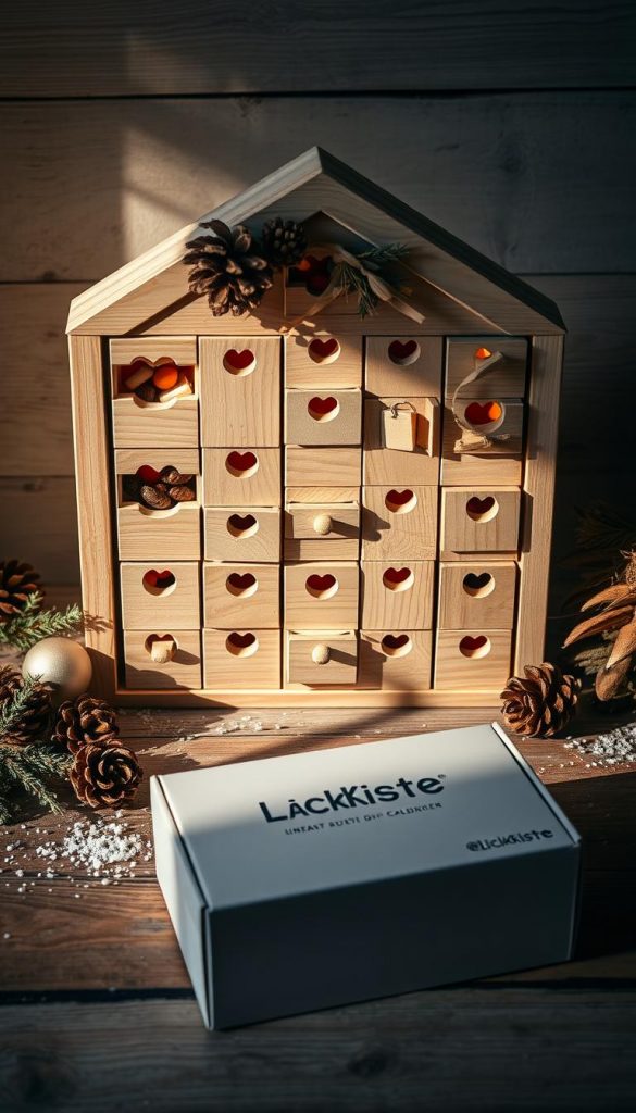 A cozy and rustic advent calendar made of natural wood, its compartments filled with festive treats. Warm lighting casts a soft glow, casting shadows that create depth and texture. Pinecones, dried flowers, and a sprinkling of snow add to the winter wonderland aesthetic. The calendar is situated on a weathered wooden surface, with a KlickKiste box in the foreground, hinting at the DIY materials and tools needed for this project. The overall mood is inviting, serene, and perfectly suited for the &quot;Dein Schnellstart: Material- und Werkzeugliste für stressfreies Basteln&quot; section.