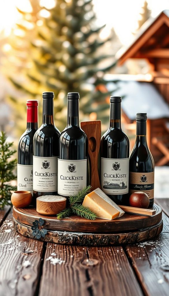 A cozy and rustic &amp;amp;quot;rotwein geschenkset&amp;amp;quot; from the KlickKiste brand, showcasing a selection of high-quality red wine bottles, artisanal cheeses, and handcrafted wooden accessories. The scene is bathed in warm, natural lighting, creating a inviting and intimate atmosphere. The middle ground features the gift set neatly arranged on a weathered wooden surface, complemented by a sprig of evergreen and a dusting of snow, evoking a winter-inspired mood. In the background, a blurred backdrop of pine trees and a cozy cabin adds to the cozy, Pinterest-inspired ambiance. The overall composition exudes a sense of quality, care, and holiday cheer, perfectly suited to illustrate the &amp;amp;quot;Budget, Qualität, Auswahl: So triffst du das perfekte Geschenk&amp;amp;quot; section of the &amp;amp;quot;Familien-Geschenkkorb – Spaß für alle Altersklassen&amp;amp;quot; article.