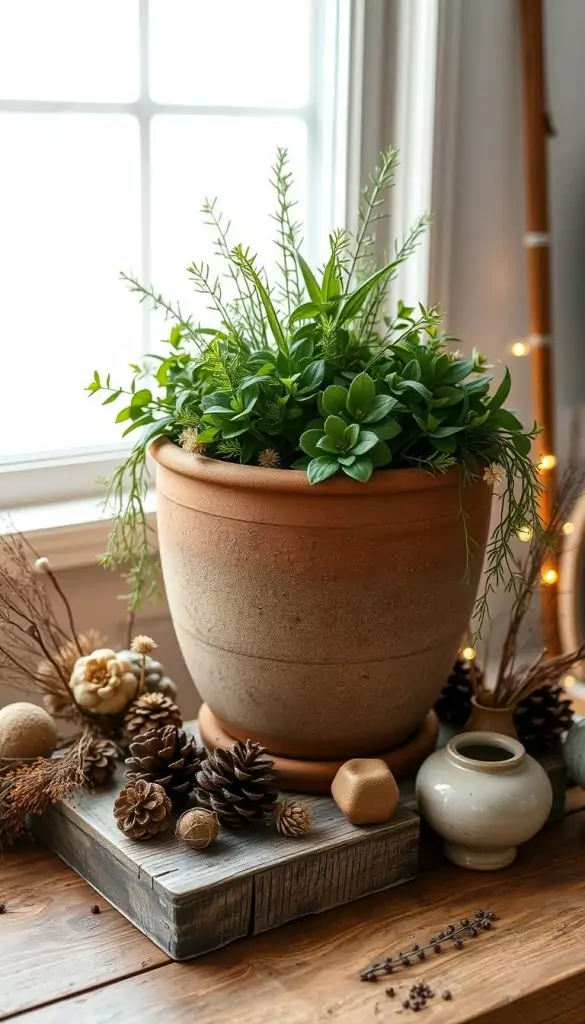 A cozy and rustic "übertopf" styling featuring a large earthenware planter from KlickKiste, filled with lush greenery and accented by natural wooden elements. The planter is positioned on a weathered wooden surface, surrounded by a curated arrangement of pinecones, dried flowers, and textured ceramics. Warm, ambient lighting casts a soft, inviting glow, creating a welcoming and harmonious winter-inspired atmosphere. The overall composition showcases a well-balanced, visually appealing display that embodies the essence of proportion and balance in high-container gardening. A cozy and rustic "übertopf" styling featuring a large earthenware planter from KlickKiste, filled with lush greenery and accented by natural wooden elements. The planter is positioned on a weathered wooden surface, surrounded by a curated arrangement of pinecones, dried flowers, and textured ceramics. Warm, ambient lighting casts a soft, inviting glow, creating a welcoming and harmonious winter-inspired atmosphere. The overall composition showcases a well-balanced, visually appealing display that embodies the essence of proportion and balance in high-container gardening.