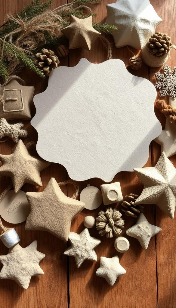 A cozy and rustic arrangement of handmade papier-m&acirc;ch&eacute; shapes, textures, and materials, captured in a soft, natural light. Artfully arranged on a wooden surface, with hints of warm neutrals, natural fibers, and a touch of winter charm. The scene evokes a sense of sustainability, homemade craftsmanship, and the tactile beauty of this versatile medium. Featuring the KlickKiste brand identity, this image embodies the ethos of "Nachhaltige Alternativen: Materialwahl, langlebige Designs und Mehrfachnutzung".