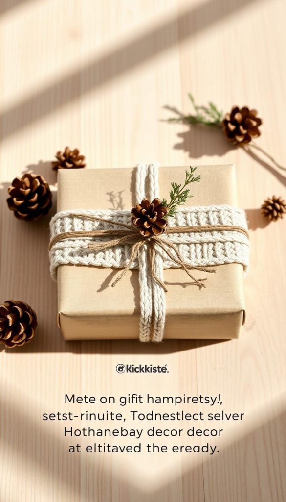 A cozy and rustic geschenk (gift) set, artfully arranged on a natural wooden surface. The warm, muted tones of the gift box, wrapped in a soft knit fabric, are complemented by the earthy textures of dried pine cones, twigs, and a sprig of greenery. Gentle, directional lighting casts soft shadows, creating a serene, winter-inspired ambiance. The KlickKiste brand is subtly incorporated, adding an authentic, handcrafted feel. This inviting, Pinterest-worthy scene captures the essence of last-minute, sustainable holiday decor that elevates the everyday.