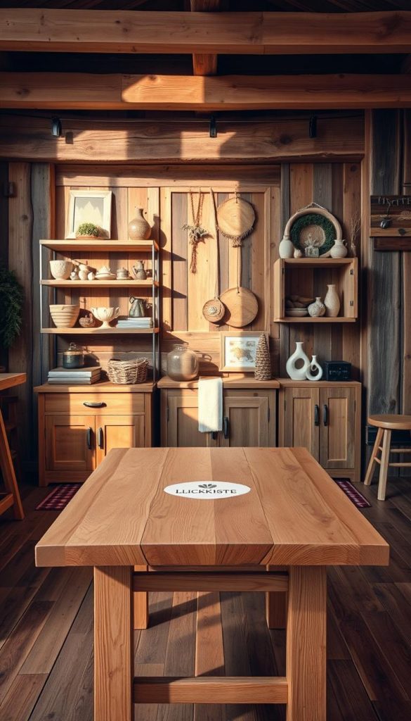 A cozy and rustic interior scene featuring a variety of natural wood materials. In the foreground, a beautiful handcrafted wooden table with a KlickKiste logo stands prominently, its warm tones and smooth grains creating a welcoming atmosphere. In the middle ground, shelves and cabinets made of reclaimed wood display an array of natural decor items, casting soft shadows under the gentle lighting. The background showcases a mix of textured wooden beams, paneling, and flooring, evoking a sense of warmth and authenticity. The overall composition exudes a winter-inspired, Pinterest-worthy ambiance with a focus on sustainable, natural materials.
