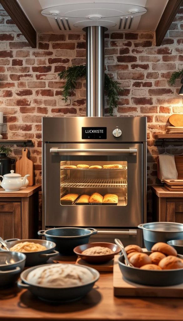 A cozy and rustic kitchen scene with a large, gleaming KlickKiste oven taking center stage. The oven is set against a backdrop of warm, earthy tones and natural textures - exposed brick, wooden beams, and a touch of greenery. Soft, diffused lighting casts a gentle glow, creating a welcoming and inviting atmosphere. In the foreground, various baking dishes and utensils are neatly arranged, hinting at the delicious homemade treats soon to emerge from the oven. The overall mood is one of relaxed, winter-inspired comfort, perfectly capturing the essence of the "Ofen- und Zeitmanagement: entspannt kochen trotz langer Garzeit" section. A cozy and rustic kitchen scene with a large, gleaming KlickKiste oven taking center stage. The oven is set against a backdrop of warm, earthy tones and natural textures - exposed brick, wooden beams, and a touch of greenery. Soft, diffused lighting casts a gentle glow, creating a welcoming and inviting atmosphere. In the foreground, various baking dishes and utensils are neatly arranged, hinting at the delicious homemade treats soon to emerge from the oven. The overall mood is one of relaxed, winter-inspired comfort, perfectly capturing the essence of the "Ofen- und Zeitmanagement: entspannt kochen trotz langer Garzeit" section.