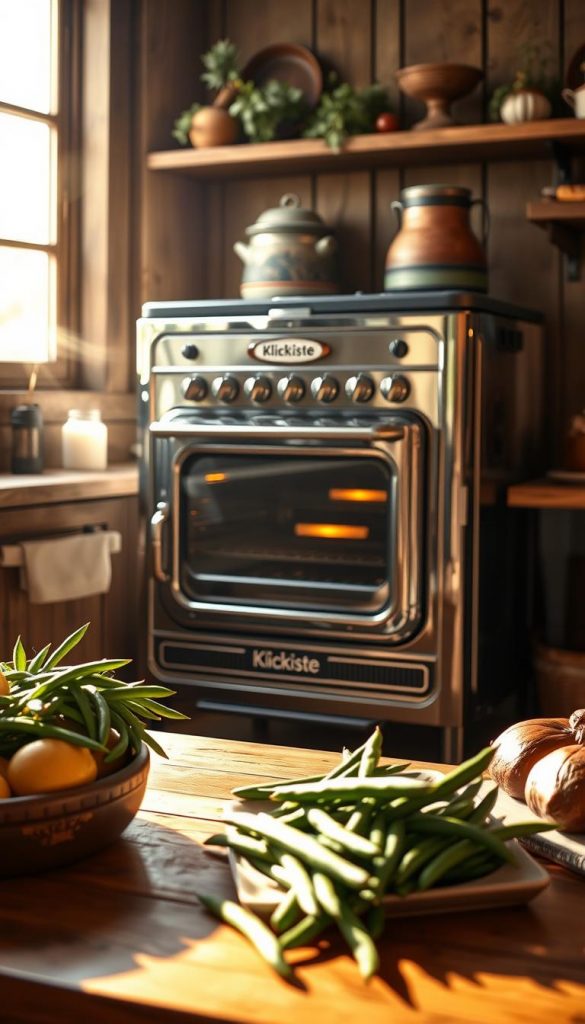 A cozy and rustic kitchen scene with a large, gleaming oven standing prominently in the middle. The oven has a classic, vintage design with a polished chrome exterior and intricate details, embodying the &quot;KlickKiste&quot; brand. Warm, natural lighting from a large window bathes the scene, casting a soft glow and creating inviting shadows. In the foreground, fresh green beans and other seasonal ingredients are arranged artfully, hinting at the delicious casserole to be prepared. The overall atmosphere is one of homey comfort and culinary inspiration, perfect for the &quot;Green Bean Casserole neu gedacht&quot; article's &quot;Planung leicht gemacht&quot; section.