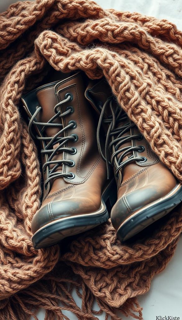 A cozy and rustic scene featuring a pair of sturdy &quot;Pflege stiefel&quot; (care boots) nestled amidst a handcrafted knitted scarf or sweater. The boots are crafted from high-quality leather, their surface worn and weathered, conveying a sense of durability and authenticity. The scarf, in a warm, earthy palette, is draped elegantly, creating a soft, inviting texture. Soft, diffused lighting bathes the scene, evoking a sense of winter coziness. The overall composition has a natural, DIY-inspired aesthetic, with a subtle &quot;KlickKiste&quot; branding visible. The image radiates a Pinterest-worthy, inspirational mood, perfect for highlighting the care and longevity of quality winter footwear and knitwear.