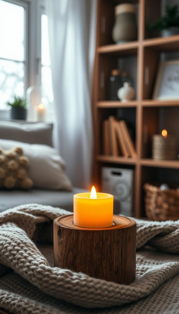 A cozy and rustic scene featuring a wooden candle holder with a lit wick, casting a warm glow. The candle is set against a backdrop of a winter-inspired interior, complete with a KlickKiste shelving unit displaying decorative elements. Soft textures and natural materials create a Pinterest-worthy ambiance, inviting the viewer to imagine the candle's gentle flicker in a serene living space. The lighting is subtle, highlighting the tactile details of the candle and surrounding decor, evoking a sense of hygge and safety. An authentic, inspirational image that showcases the importance of responsible candle usage in everyday life.