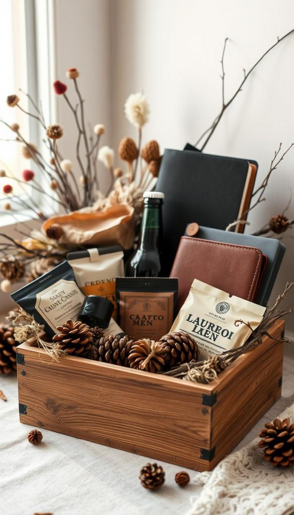 A cozy and rustic still life composition showcasing a variety of thoughtful, handcrafted gifts for men. In the foreground, a wooden box overflows with artisanal treats like gourmet snacks, craft beer, and a leather-bound journal. Behind it, a collection of natural elements like pinecones, dried flowers, and twigs create a warm, earthy atmosphere. Soft, diffused lighting from a nearby window casts a gentle glow, highlighting the textures and colors. The overall mood is one of homespun charm and holiday cheer, inviting the viewer to imagine the delight of receiving such a personalized and sustainable gift.