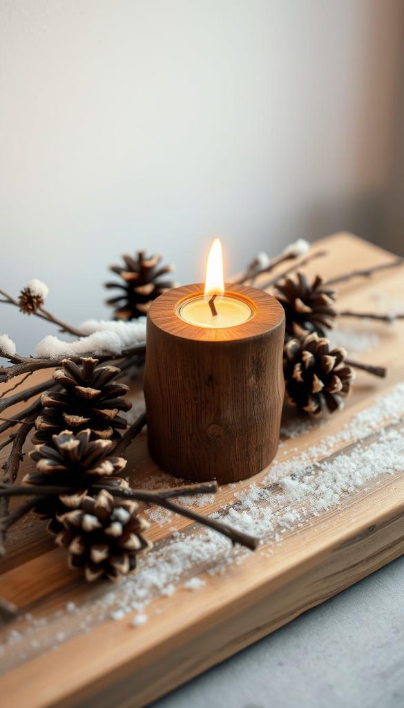 A cozy and rustic winter scene featuring a handcrafted wooden candleholder with a warm, flickering flame casting a gentle glow. The candleholder is placed on a natural wooden surface, surrounded by pinecones, twigs, and a light dusting of snow, evoking a serene and inviting atmosphere. Soft, diffused lighting illuminates the scene, creating a nostalgic, Pinterest-worthy ambiance. The overall composition emphasizes the beauty of natural materials and the simple pleasures of homemade winter decor.