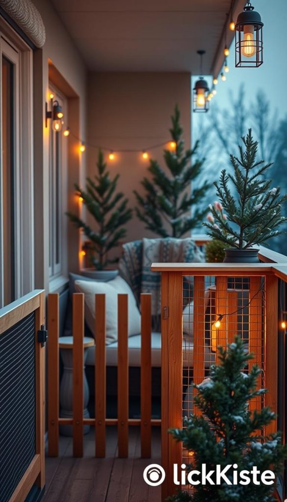A cozy and safe balcony setup designed for winter vibes, showcasing practical safety features. In the foreground, there are warm-toned DIY wooden railings with protective mesh and safety locks, creating a secure environment. The middle ground features a small, inviting seating area with plush cushions and a knitted throw, emphasizing comfort and relaxation. In the background, softly glowing string lights and potted evergreen plants add a touch of festive cheer. The lighting is warm and inviting, reminiscent of a cozy winter evening, illuminated by the soft glow of lanterns. The scene evokes inspiration and authenticity, perfect for a Pinterest aesthetic. Include the brand name "KlickKiste" subtly integrated into the design, reflecting the theme of budget-friendly home ideas.