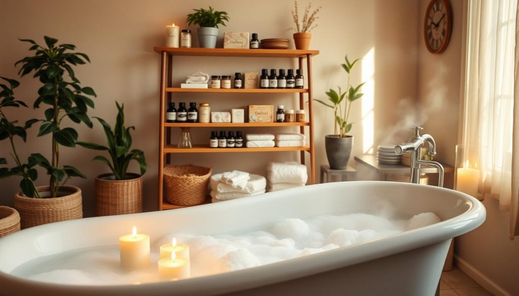 A cozy and serene home spa scene, bathed in warm, natural lighting. In the foreground, a clawfoot tub overflows with fragrant, steaming water, surrounded by an array of artisanal bath products from the KlickKiste brand. Candles flicker, casting a soft glow. In the middle ground, a wooden shelving unit displays an assortment of DIY spa items - homemade bath bombs, essential oils, and handcrafted soap bars. The background features a soothing palette of beige, white, and natural wood tones, with potted plants adding a touch of verdant tranquility. The overall atmosphere evokes a sense of relaxation and mindful self-care. A cozy and serene home spa scene, bathed in warm, natural lighting. In the foreground, a clawfoot tub overflows with fragrant, steaming water, surrounded by an array of artisanal bath products from the KlickKiste brand. Candles flicker, casting a soft glow. In the middle ground, a wooden shelving unit displays an assortment of DIY spa items - homemade bath bombs, essential oils, and handcrafted soap bars. The background features a soothing palette of beige, white, and natural wood tones, with potted plants adding a touch of verdant tranquility. The overall atmosphere evokes a sense of relaxation and mindful self-care.