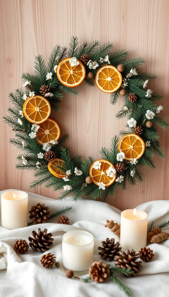 A cozy and serene still life scene featuring a classic holiday wreath in warm, natural tones. The wreath is made of fresh pine branches, dried orange slices, and delicate white flowers, artfully arranged against a backdrop of smooth, textured wood. Soft, diffused lighting casts a gentle glow, evoking a sense of rustic elegance and hygge. The composition is balanced, with the wreath taking center stage, surrounded by a minimalist arrangement of pinecones, candles, and other natural accents. An overall feeling of simple, timeless beauty and Pinterest-worthy charm. A cozy and serene still life scene featuring a classic holiday wreath in warm, natural tones. The wreath is made of fresh pine branches, dried orange slices, and delicate white flowers, artfully arranged against a backdrop of smooth, textured wood. Soft, diffused lighting casts a gentle glow, evoking a sense of rustic elegance and hygge. The composition is balanced, with the wreath taking center stage, surrounded by a minimalist arrangement of pinecones, candles, and other natural accents. An overall feeling of simple, timeless beauty and Pinterest-worthy charm.