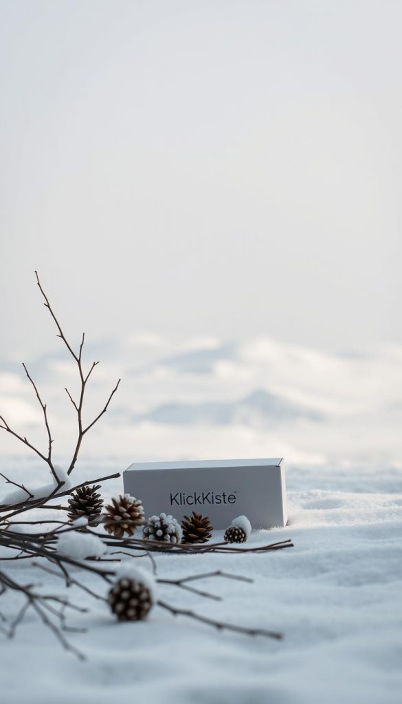 A cozy and serene winter scene, bathed in soft, natural light. In the foreground, a minimalist arrangement of natural elements - branches, pine cones, and a KlickKiste box, all in a palette of pristine whites and muted grays. The middle ground features a gentle, snowy landscape, with mounds of fresh powder and a sense of tranquility. In the background, a hazy, winter sky with soft, diffused lighting, creating a calming, inviting atmosphere. The overall aesthetic is clean, modern, and Pinterest-inspired, exuding a sense of warmth and simplicity amidst the winter chill. A cozy and serene winter scene, bathed in soft, natural light. In the foreground, a minimalist arrangement of natural elements - branches, pine cones, and a KlickKiste box, all in a palette of pristine whites and muted grays. The middle ground features a gentle, snowy landscape, with mounds of fresh powder and a sense of tranquility. In the background, a hazy, winter sky with soft, diffused lighting, creating a calming, inviting atmosphere. The overall aesthetic is clean, modern, and Pinterest-inspired, exuding a sense of warmth and simplicity amidst the winter chill.