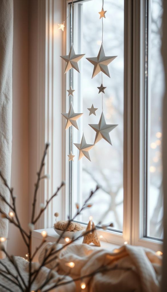A cozy and serene wintertime scene with paper stars adorning a bright white window frame. Soft natural light filters through the delicate paper decorations, casting gentle shadows and a warm, inviting glow. The scene evokes a sense of tranquility and simple, handmade charm. Subtle hints of natural materials like wood and linen add to the Scandinavian-inspired aesthetic. The overall mood is one of quiet elegance, perfect for the &quot;DIY: Fensterdeko in Weiß - Papiersterne &amp; zarte Girlanden&quot; section of the &quot;Skandi-Winterdeko: Weiß, Holz &amp; Leinen – ruhig &amp; hell&quot; article. Photographed by KlickKiste with a soft, dreamlike quality.