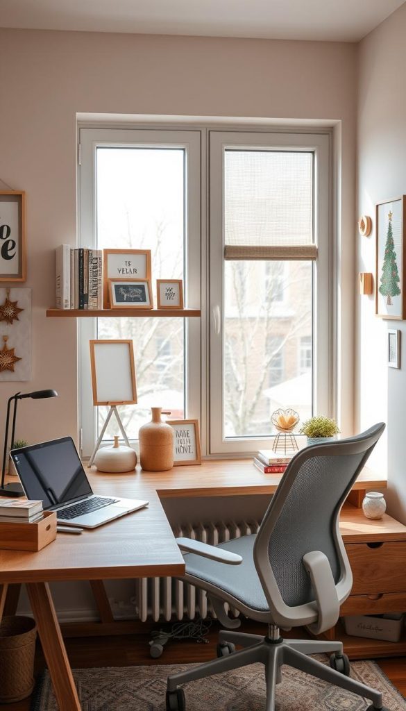 A cozy and stylish design workspace featured in a small room, showcasing a well-organized desk made from natural wood with a minimalist aesthetic. In the foreground, a laptop sits next to a sleek desk organizer filled with stationery and a potted succulent. The middle layer reveals a comfortable ergonomic chair and a wooden shelf adorned with inspirational books and personal decor elements, including framed photos and art. The background features a large window allowing soft, warm winter light to flood in, highlighting the room’s warm color palette. On the walls, charming DIY decorations and art pieces add personality without clutter, embodying a Pinterest-worthy vibe. The overall atmosphere is inviting and inspiring, reflecting the brand "KlickKiste" through thoughtful design.