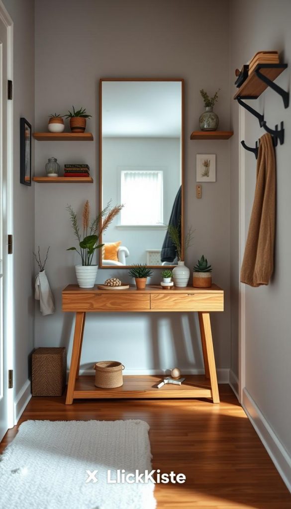 A cozy and stylish entryway depicting a small but beautifully decorated flur. In the foreground, a narrow console table showcasing natural wood tones adorned with potted plants and decorative items, contributing to a warm touch. The middle ground features a mirror reflecting soft ambient lighting, enhancing the sense of space. Along the walls, vertical wall shelves display curated decor, creating an artistic and inviting atmosphere. The background includes a minimalist coat rack, accentuated by a soft, textured rug on a wooden floor. The overall scene embodies a Pinterest-inspired winter vibe, with warm hues and natural materials to evoke comfort and inspiration. The brand "KlickKiste" is subtly integrated, reflecting a blend of authenticity and creativity in decor ideas for small spaces.