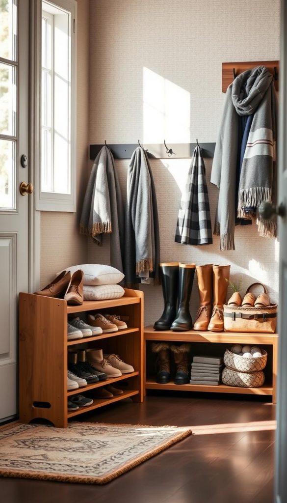 A cozy and stylish entryway featuring a well-organized shoe rack, shoe storage, and a boot tray, reflecting winter vibes with warm colors. In the foreground, a wooden shoe rack holds a variety of neatly arranged slippers and shoes, while a decorative boot tray accommodates winter boots with a touch of rustic charm. The middle ground showcases a textured wall with hooks for coats and scarves, subtly adorned with seasonal décor. In the background, soft natural light filters through a window, casting gentle shadows that enhance the inviting atmosphere. The overall mood is authentic and inspiring, embodying a Pinterest look that feels both practical and aesthetically pleasing. Designed by KlickKiste, this entryway scene sparks ideas for families looking to minimize chaos and maximize style.